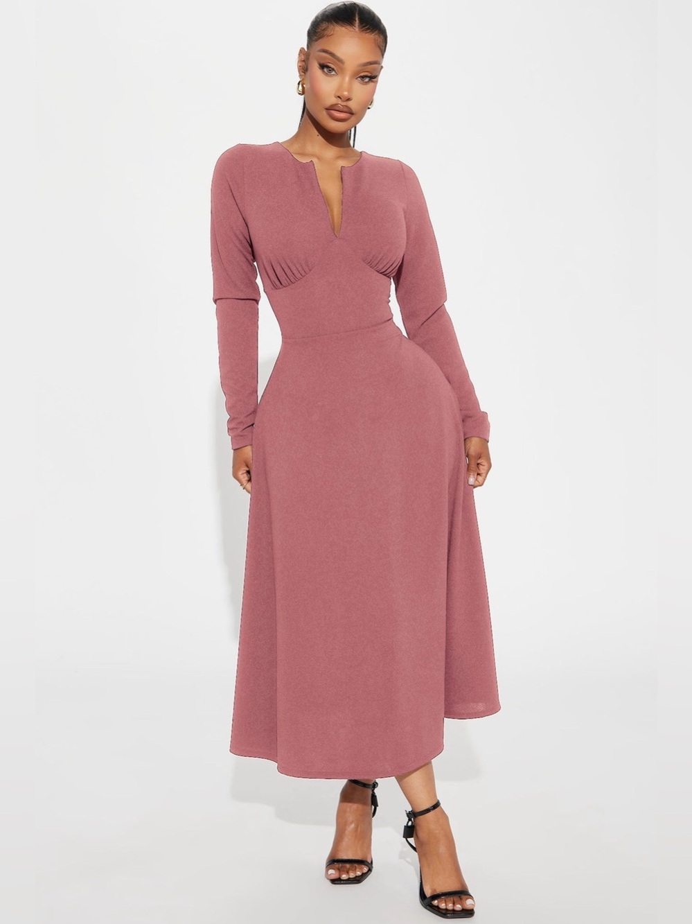 Long Sleeve Rose-Mauve Midi Dress XL